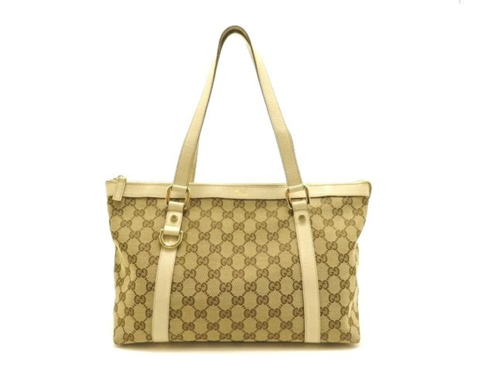 Gucci tote bag canvas calfskin embossing Beige Cream Ivory White